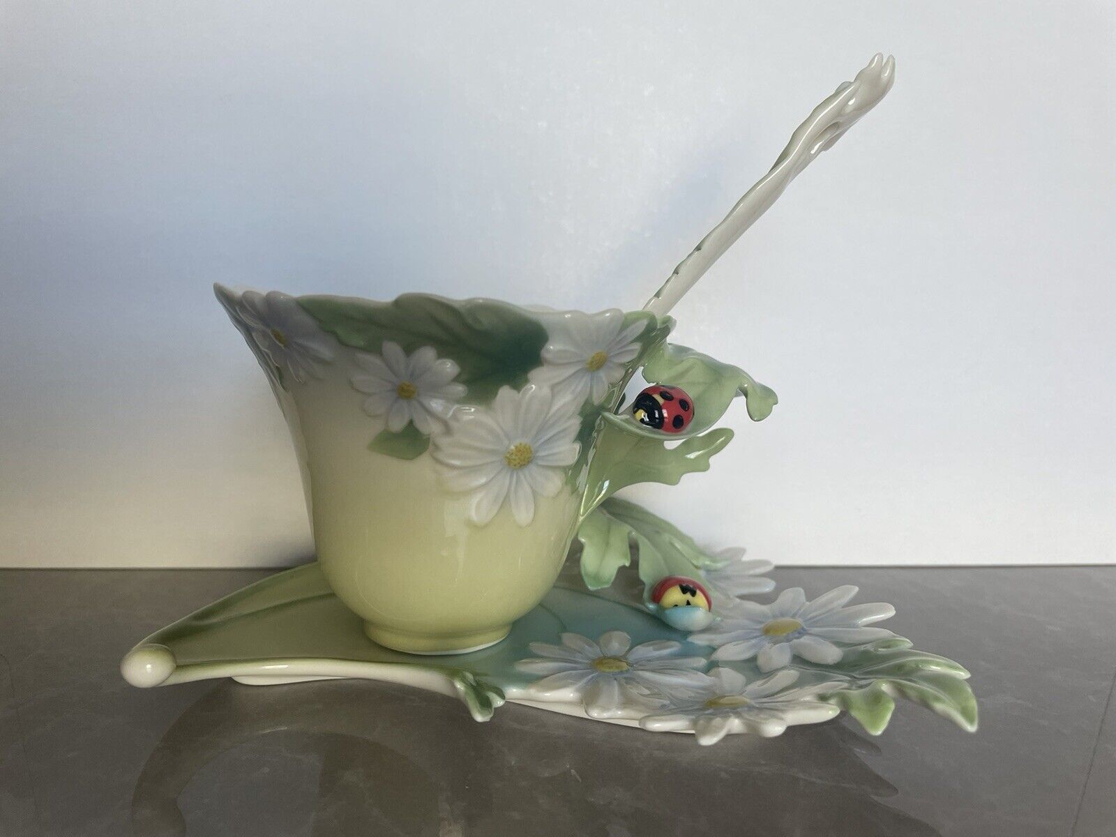 Franz Porcelain Ladybug Teacup, Saucer, Spoon, Mint Condition