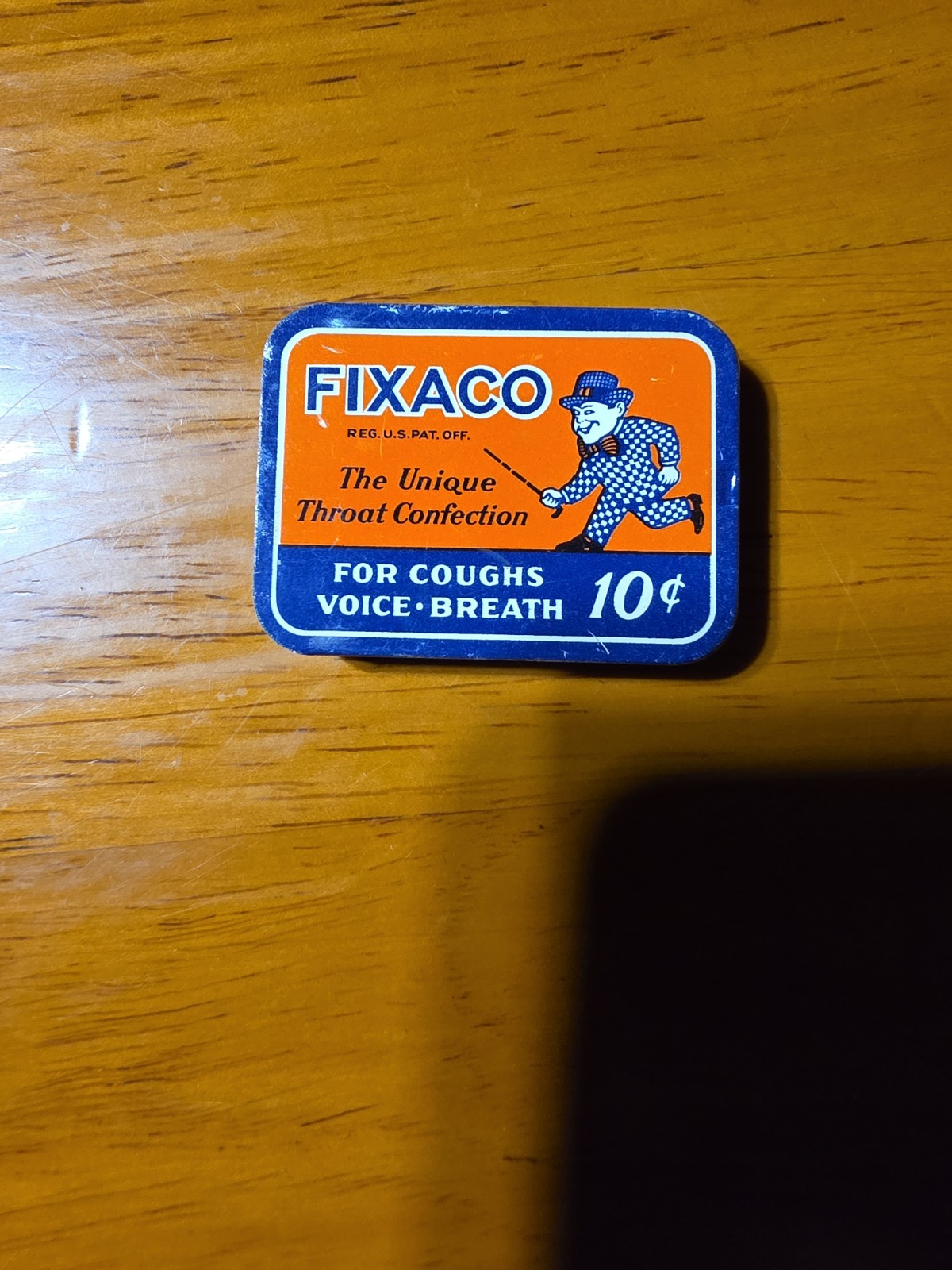 Vintage Fixaco The Unique Throat Confection Slide Top Advertising Tin