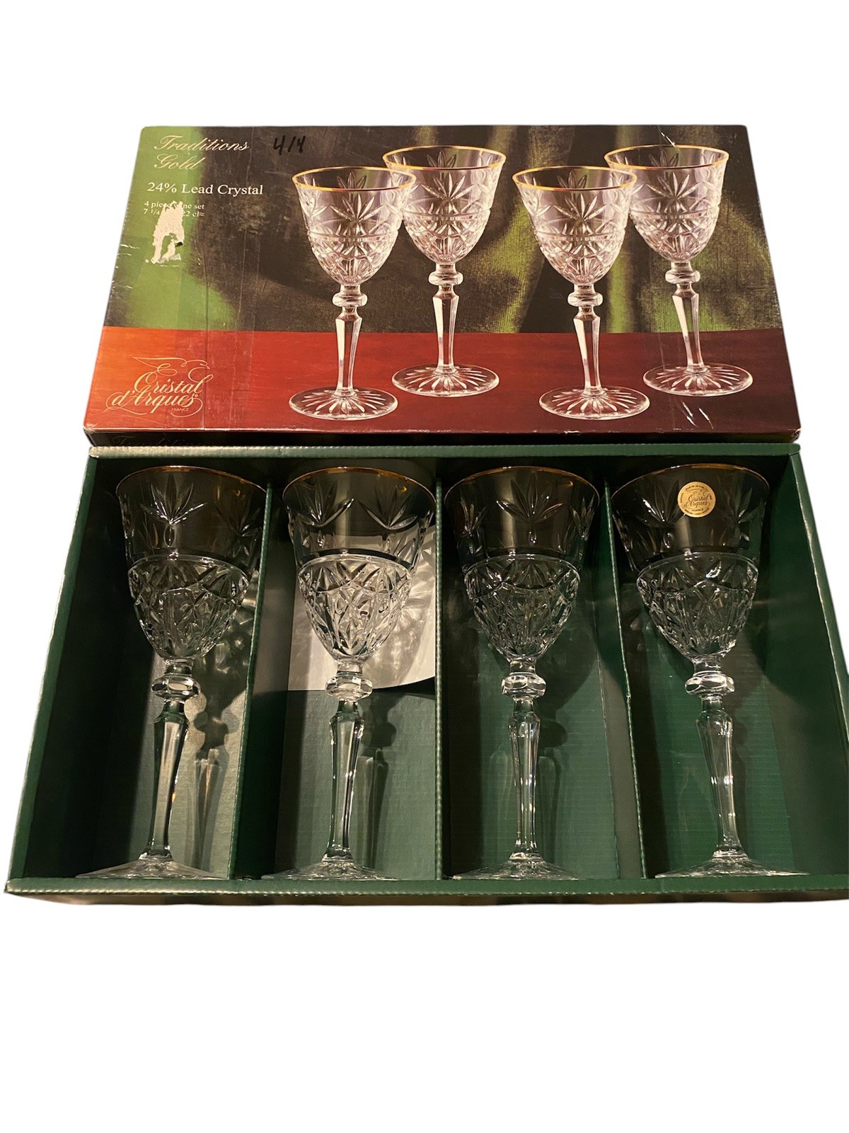 Cristal D\'Arques France Traditions Gold Lead Crystal 4 Piece Wine Set Open Box