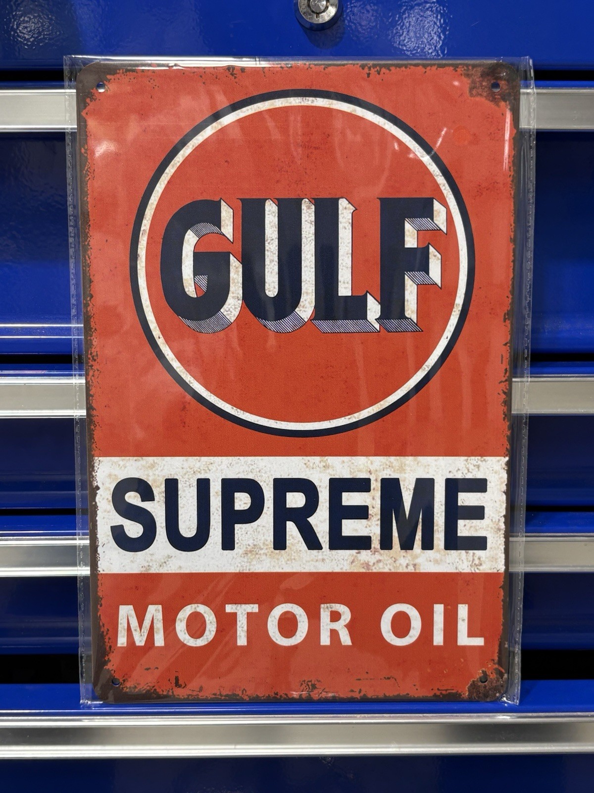 Gulf Supreme Motor Oil Gas & Oil Advertising Sign Red White Blue