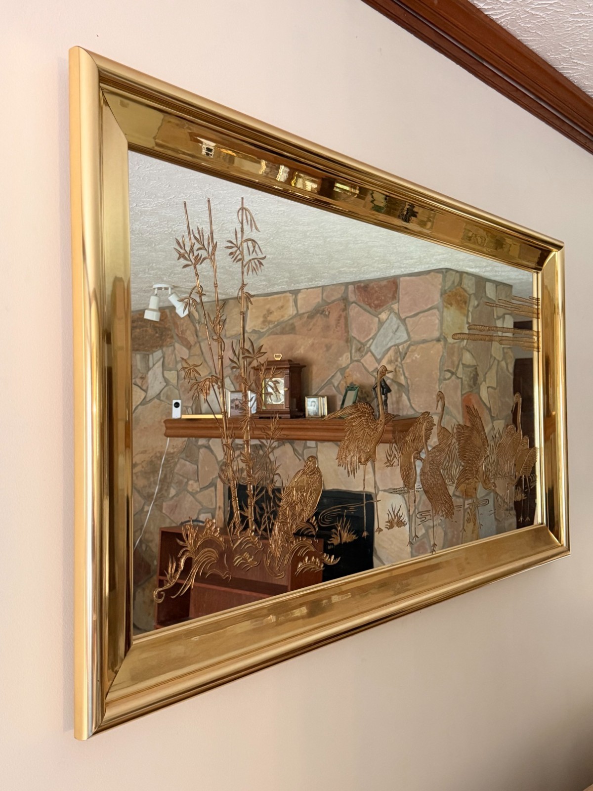 Vintage Brass Etched Mirror - Cranes & Bamboo, Large
