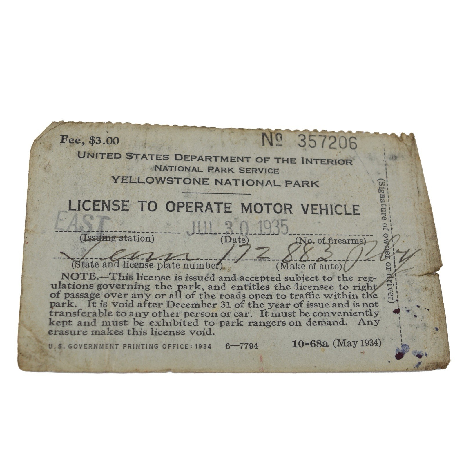 1935 July 30 License To Operate Motor Vehicle YELLOWSTONE NATIONAL PARK