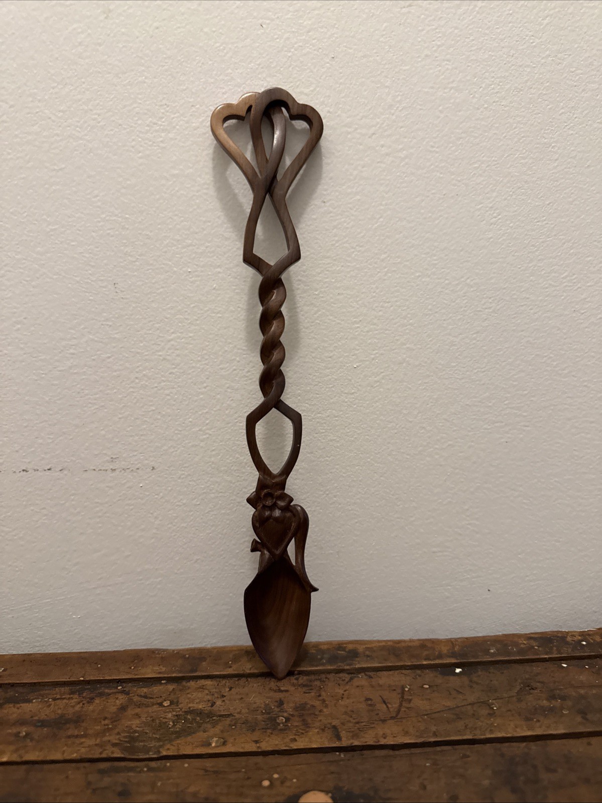 Vintage Hand Carved Wooden Welsh Love Spoon Double Hearts Signed Folk Art