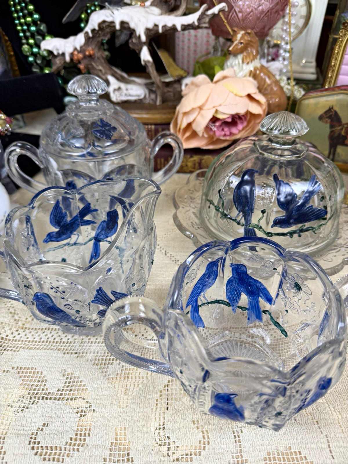 Antique Northwood Singing Birds 4 Pc EAPG Table Set Blue Stain UV 365