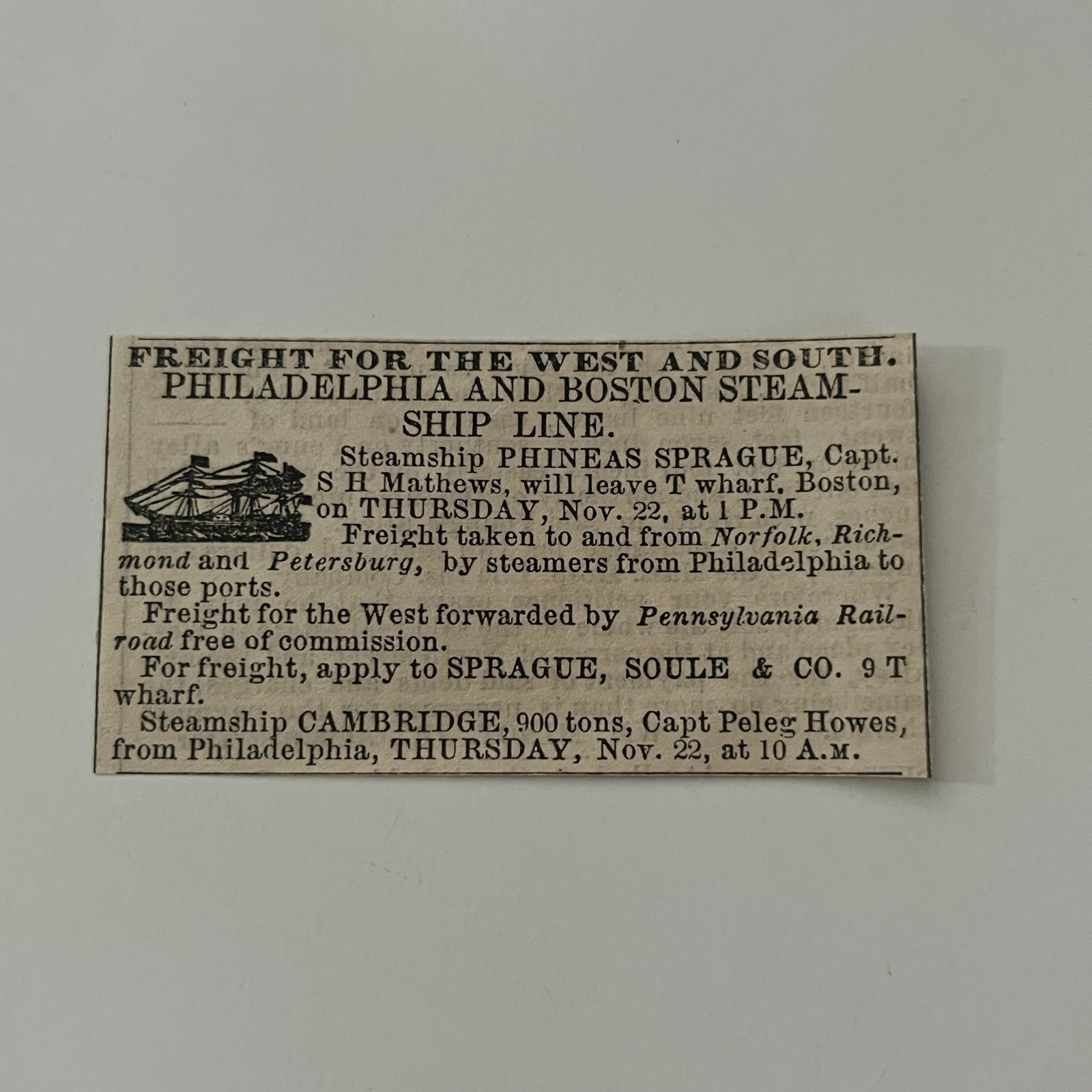 Freight For The West and South Sprague Soule & Co. 1860 Boston Clipping TAJ7-S50