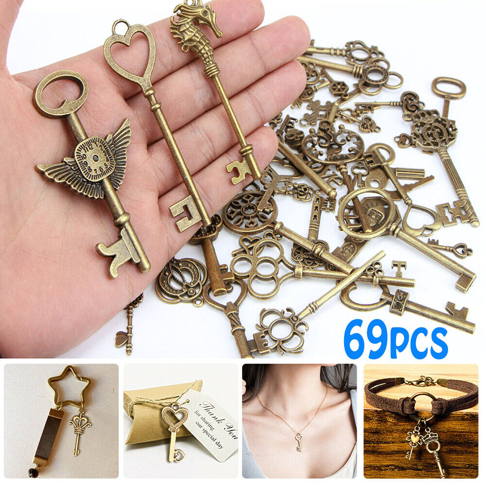 69pcs/set  Antique Vintage Old Look Bronze Skeleton Keys Fancy Heart Bow Pendan