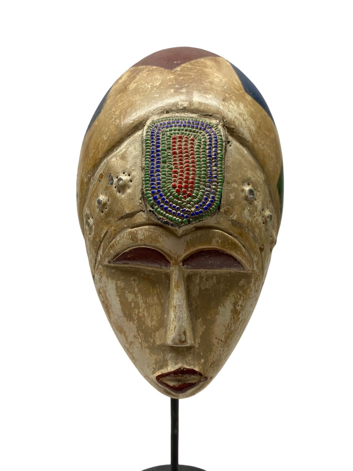 African Baule Tribal Mask Wood Stand Hand Carved Vintage Rare Antique