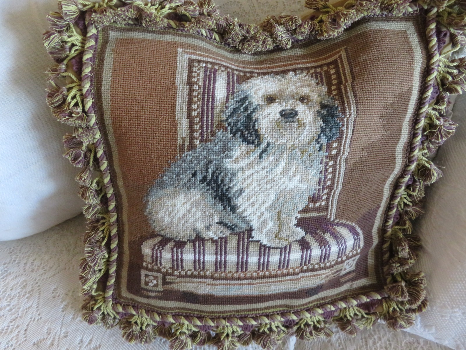 French Chic Aubusson style Needlepoint Pillow cvr Havanese or Bearded Collie 18 French Chic Aubusson style Needlepoint Pillow cvr Havanese or Bearded Collie 18