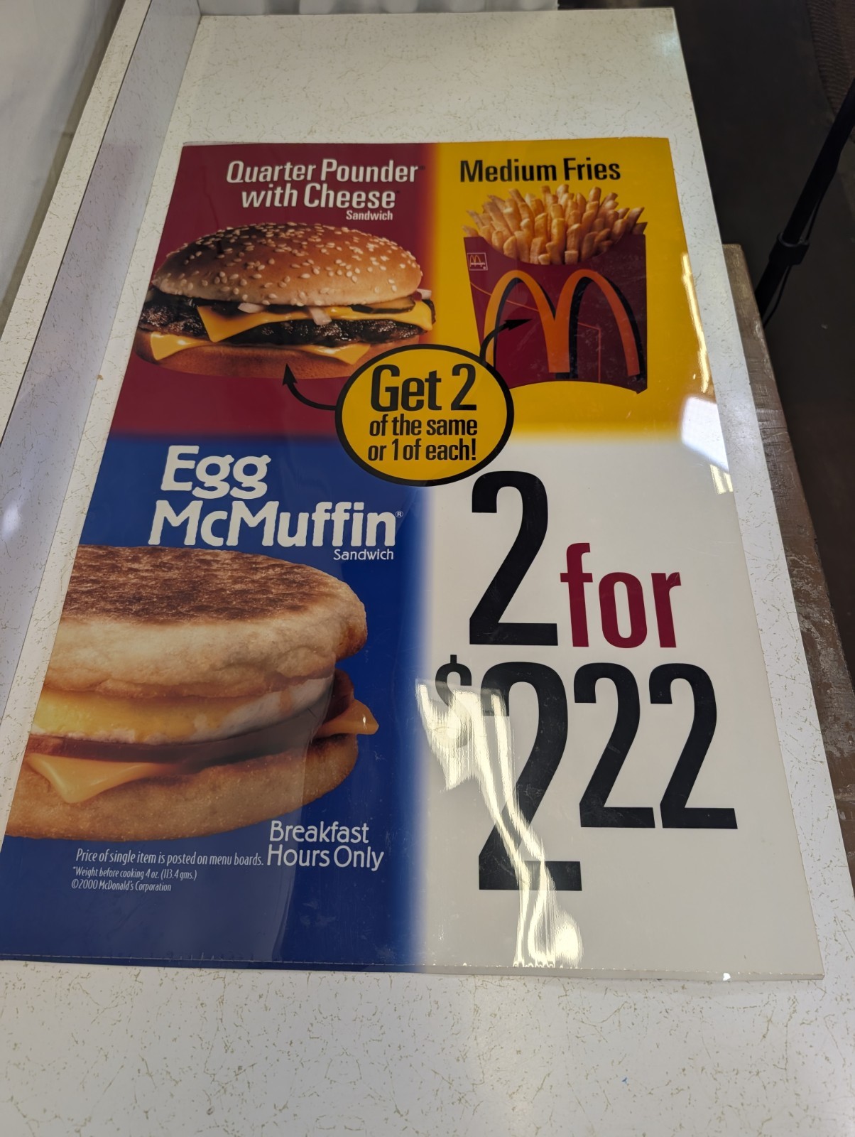 Vintage 2000 McDonalds 2 for $2.22 Quarter Pounder Egg McMuffin Menu Board Sign