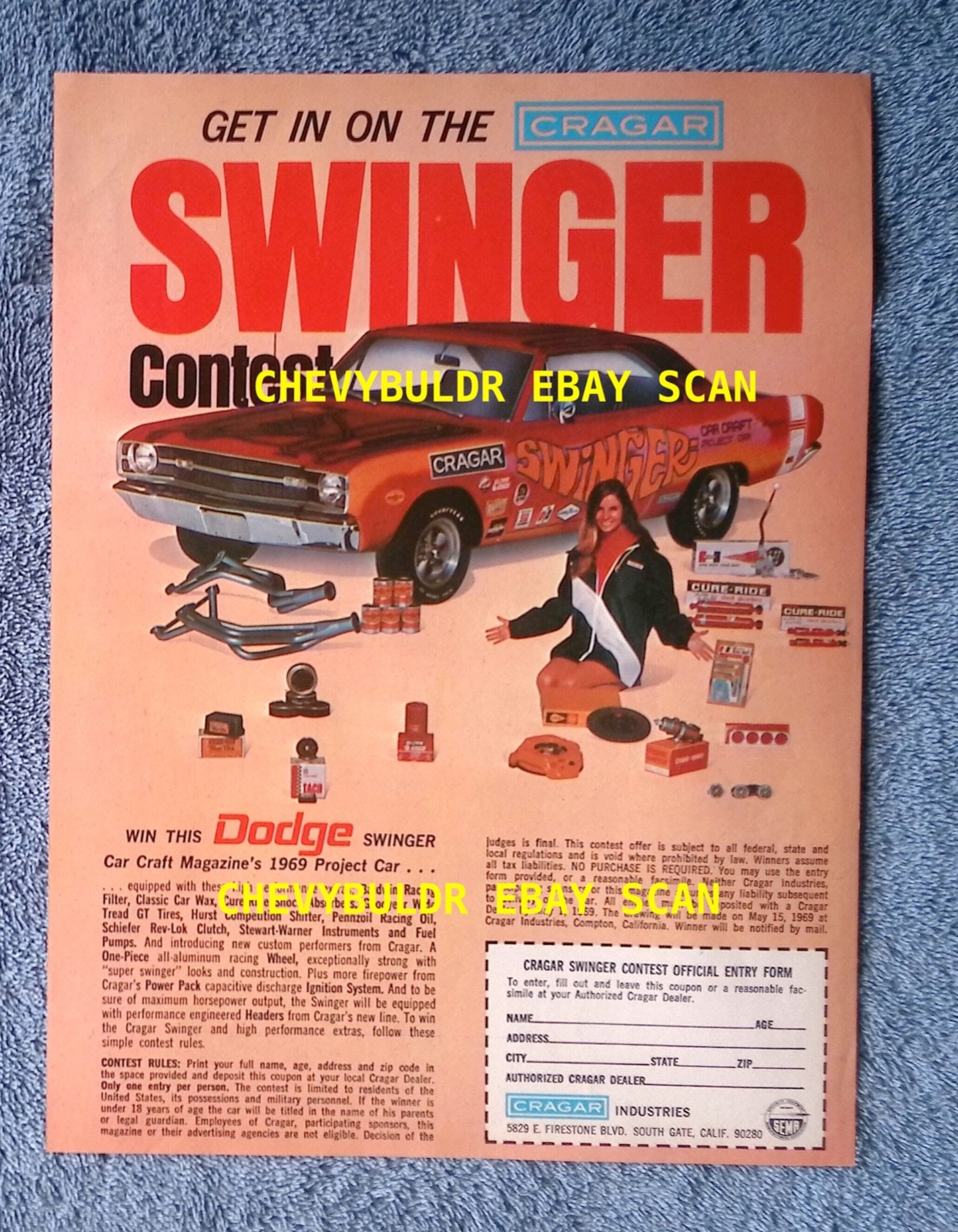 1969 Cragar & Car Craft Magazine Dart Swinger Contest Vintage Color Ad
