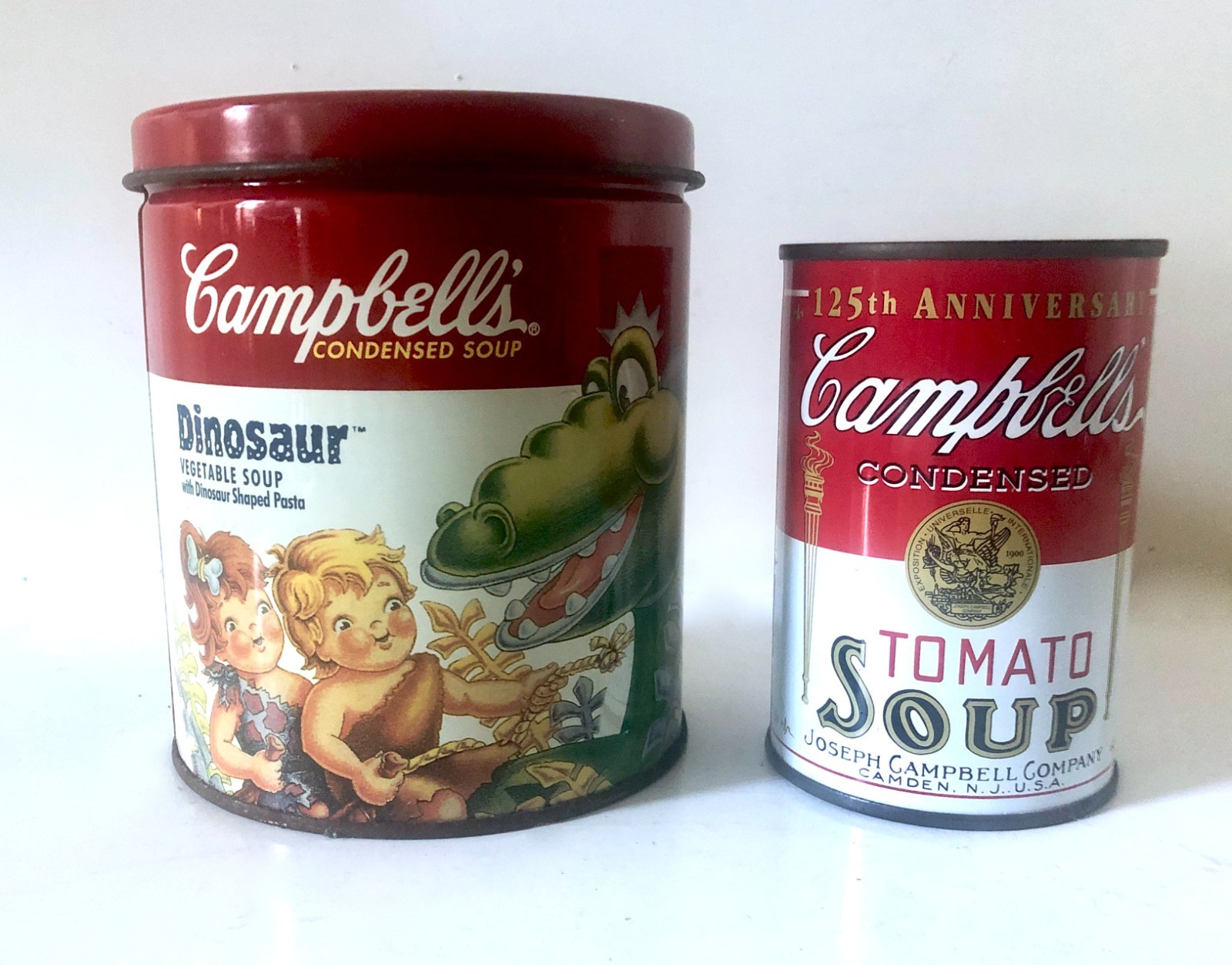 Vintage Campbells Dinosaur And Tomato Soup Bank Tin Cans Shelf Decor  2 Tin Lot