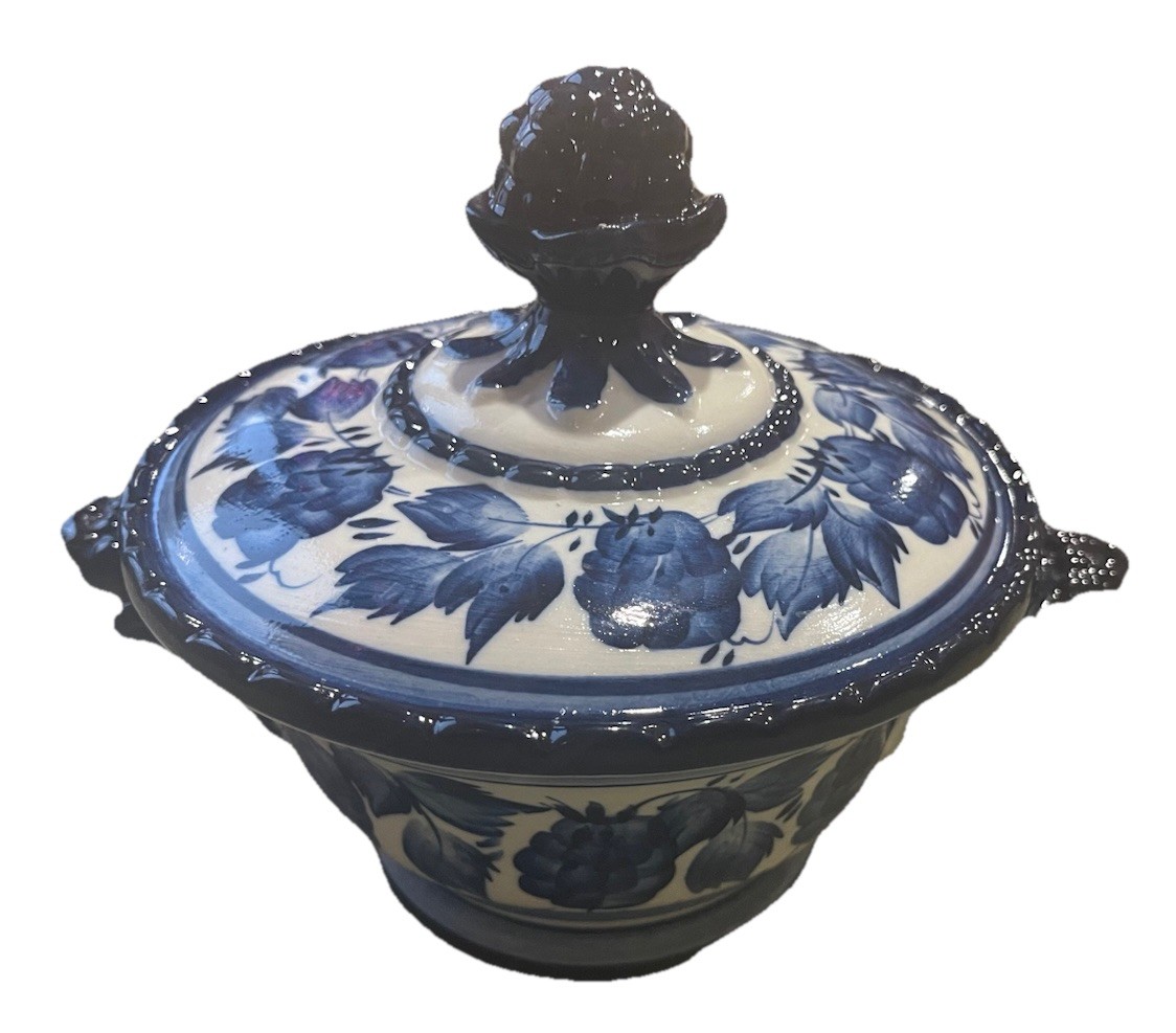 Vintage Floral Russian Gzhel Porcelain Blue White Handled Covered Dish with Lid
