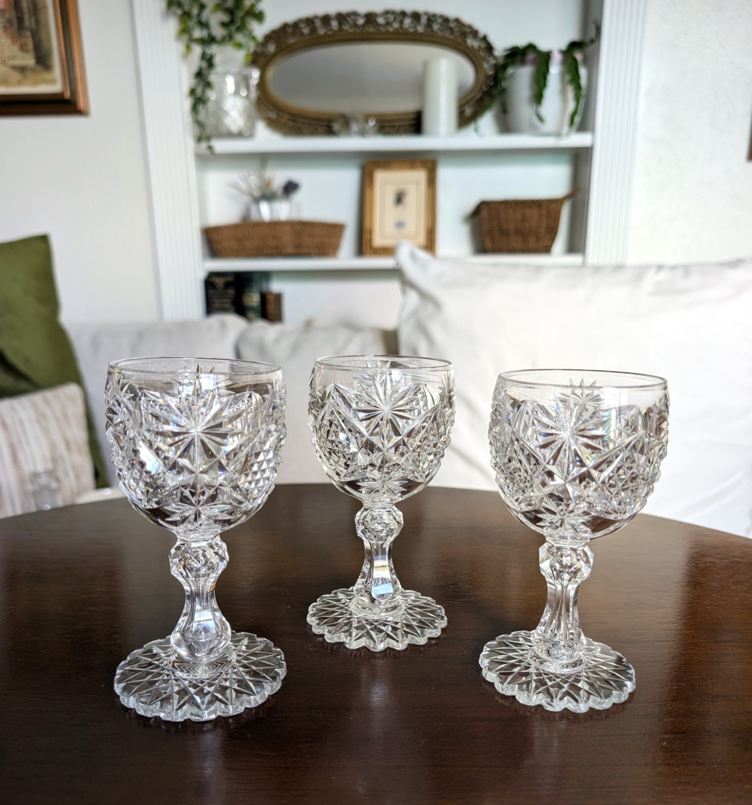 Set of 3 ABP American Brilliant Period White Wine Goblets Star Diamond Stemware