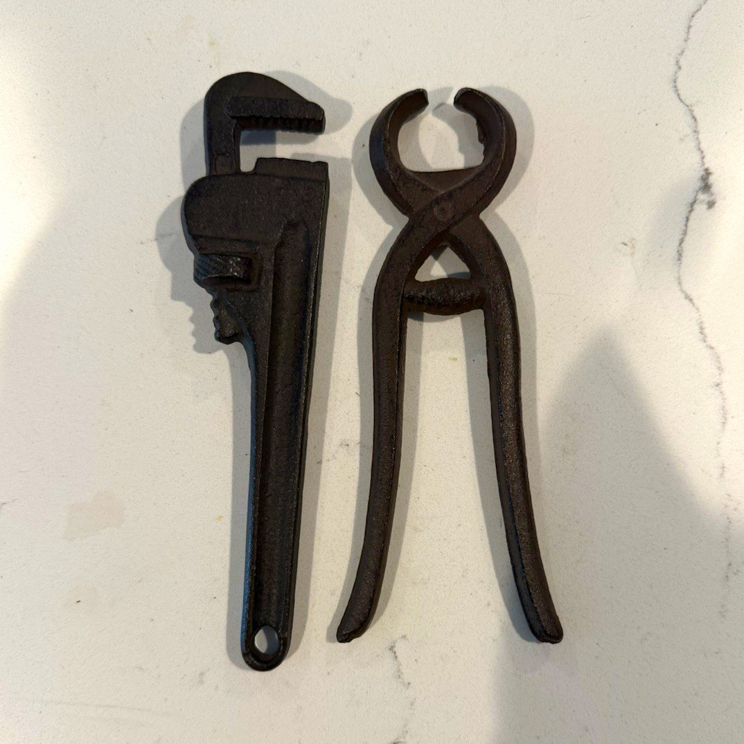 Lot of 2 Vintage Cast Iron Tools: Pipe Wrench & End-Cutting Pliers