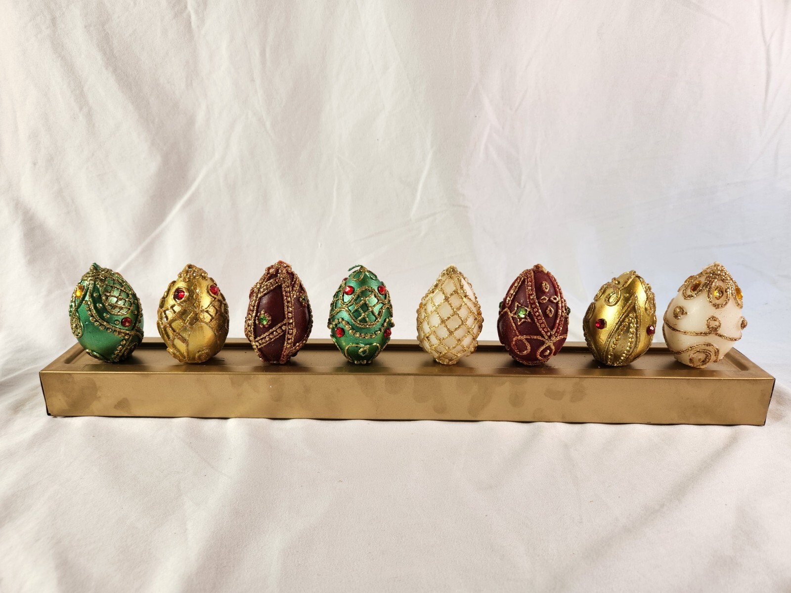 Christmas Candle Eggs Embellished on Golden Tray 19\'\' Holiday Fast Ship