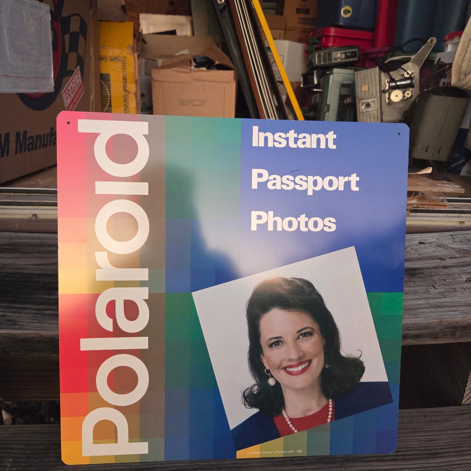 Vintage 1992 Polaroid Instant Passport Photo Double Sided Advertising Sign 16x16