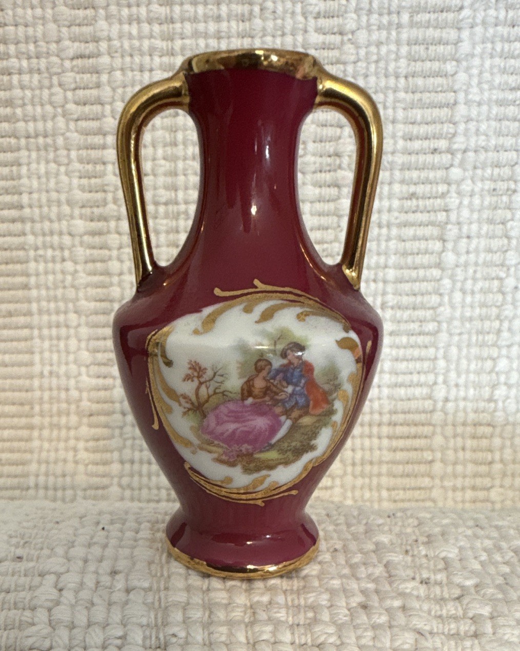 Vintage Limoges Hand-Painted Miniature Porcelain Vase with Romantic Illustration Vintage Limoges Hand-Painted Miniature Porcelain Vase with Romantic Illustration