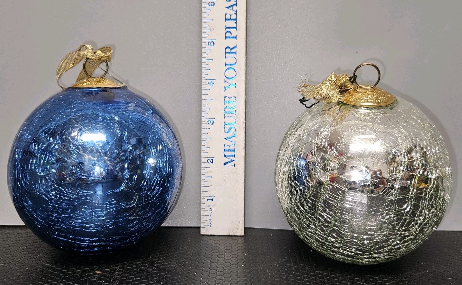 2 Kugel Style Cracked Glass Heavy Weight Christmas Ornament Mirror Silver & Blue