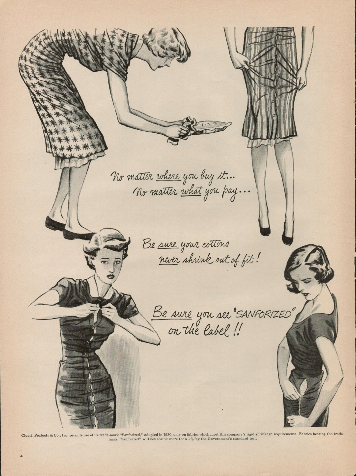 1951 Women Fashion Dress Skirts 50s Vintage Print Ad Sanforized Material Cloths