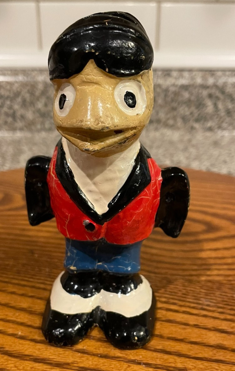 Vintage cast iron Small bank Duck with suit on 4.5