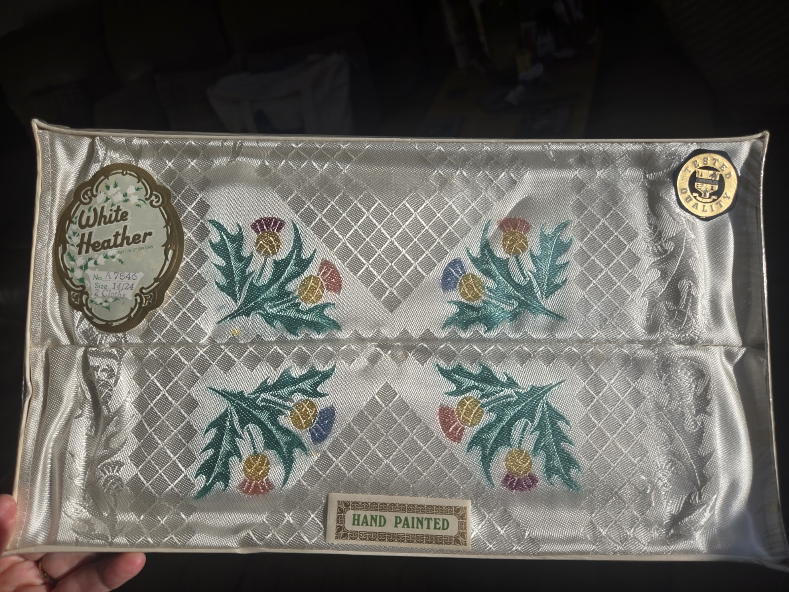 Vintage Rayon White Thistle Hand Painted Cloths Napkins 24x14 Inch X2 Boxed