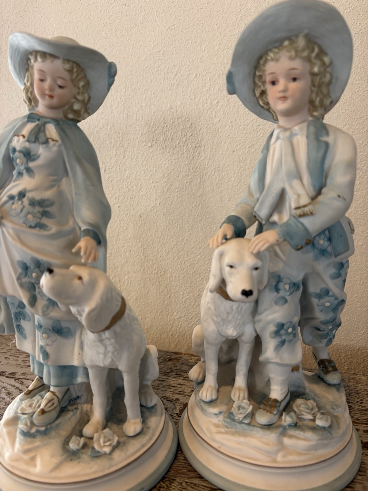 Andrea by Sadek vintage porcelain/bisque figurines Set Boy/girl/ Dogs Blue White