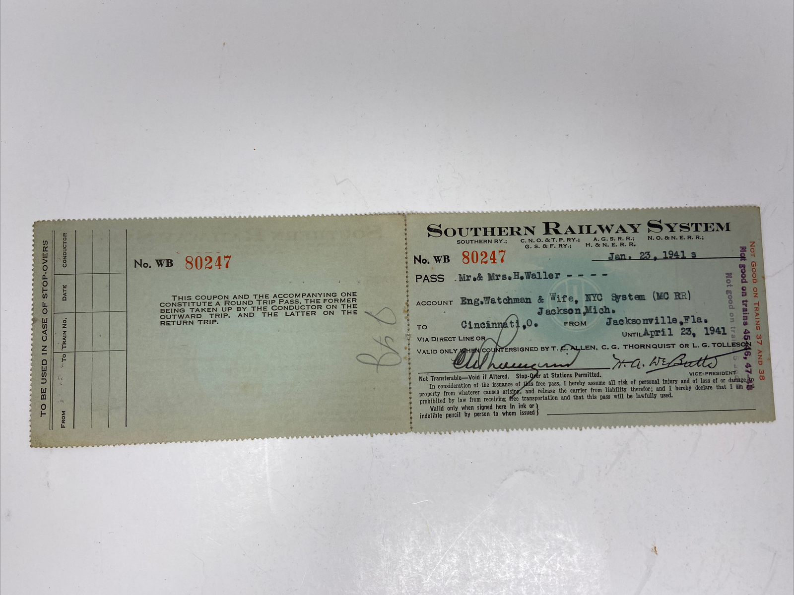 1941 Southern Railway System 2 Piece Pass Jacksonville to Cincinnati Vintage