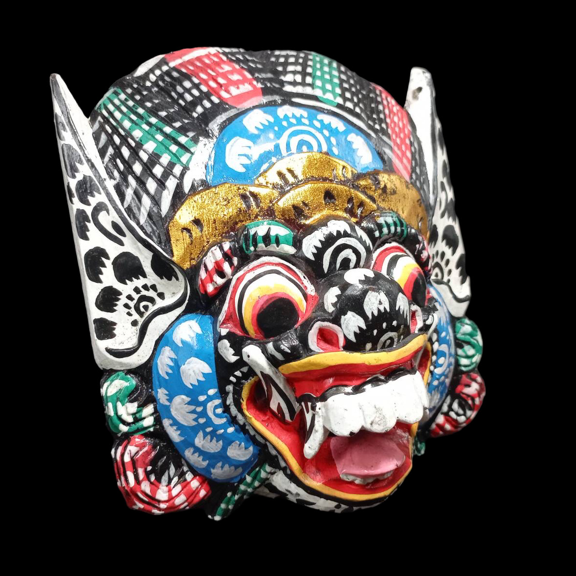 Indonesian Wood Mask Balinese Blue Barong Boar Wall Decor Hanging 8.5 in