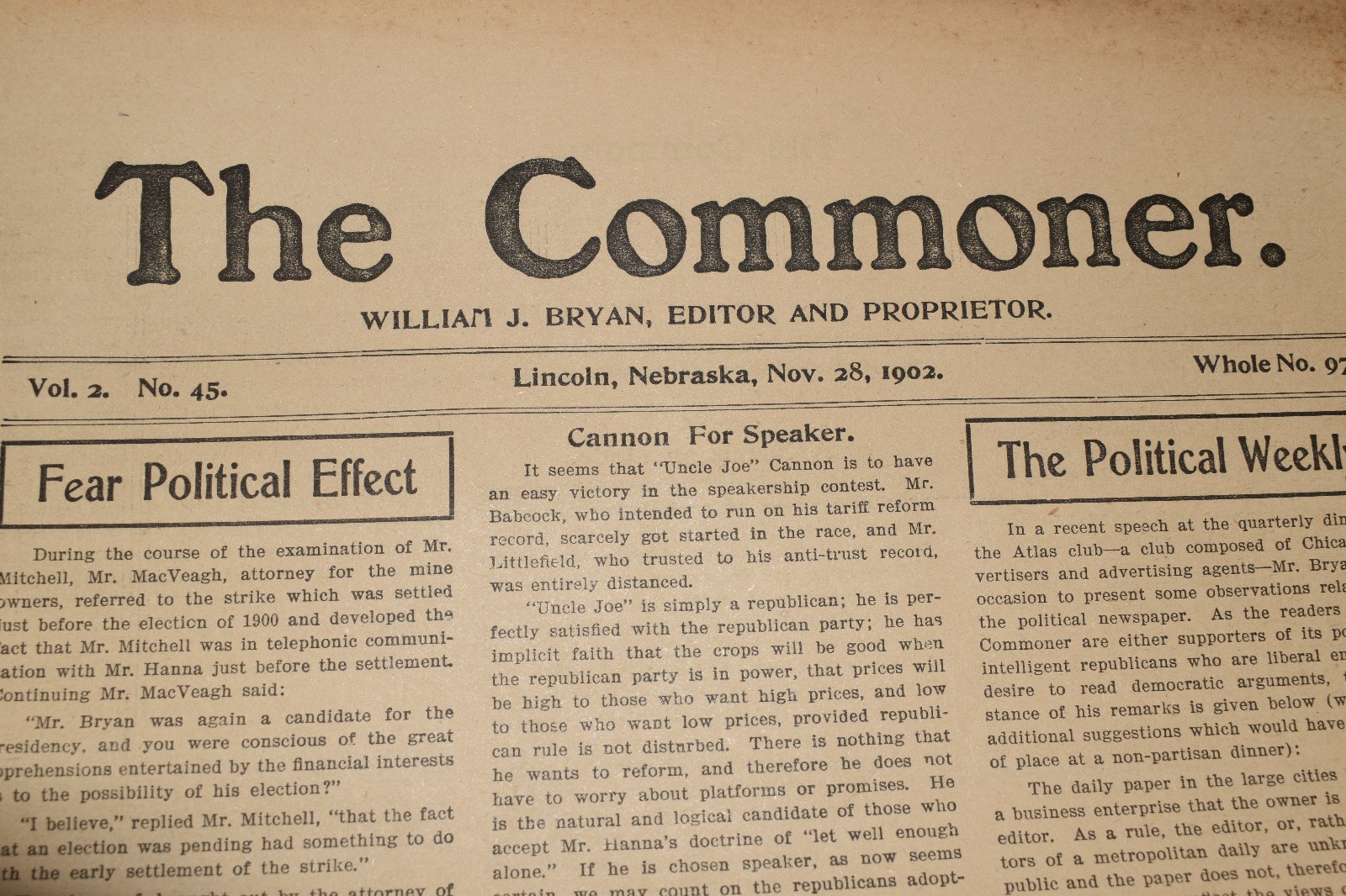 WILLIAM JENNINGS BRYAN The Great Commoner Lawyer 1902 Lincoln Nebraska Newspaper