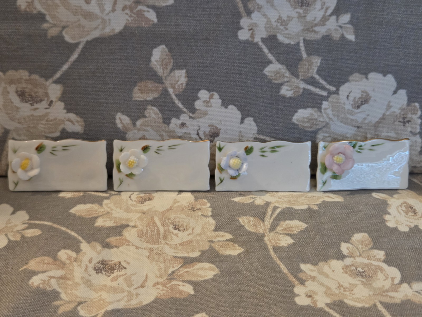 Vintage Shafford Floral 3D Porcelain Place Card Holders Set of 4 With Stickers