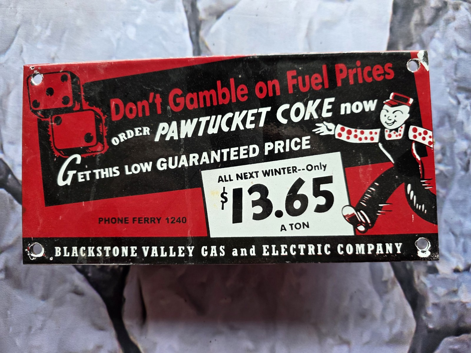 VINTAGE BLACKSTONE VALLEY GAS & ELECTRIC CO PORCELAIN SIGN PAWTUCKET COKE 10\