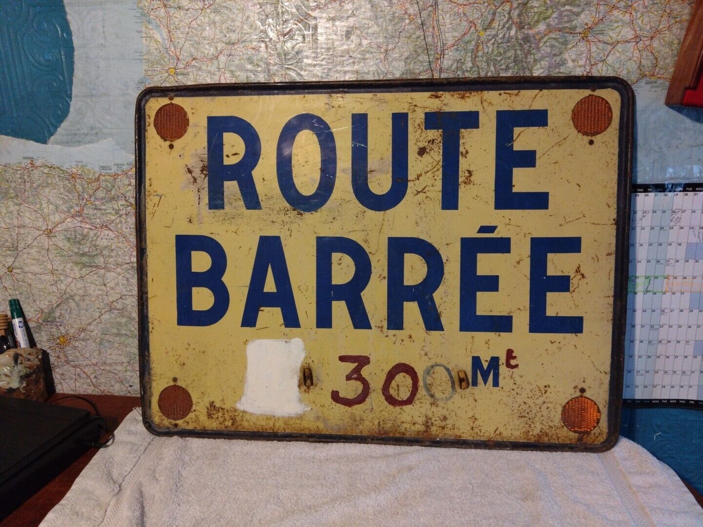 Vintage French Road Sign With Glass Reflectors. Route Barree