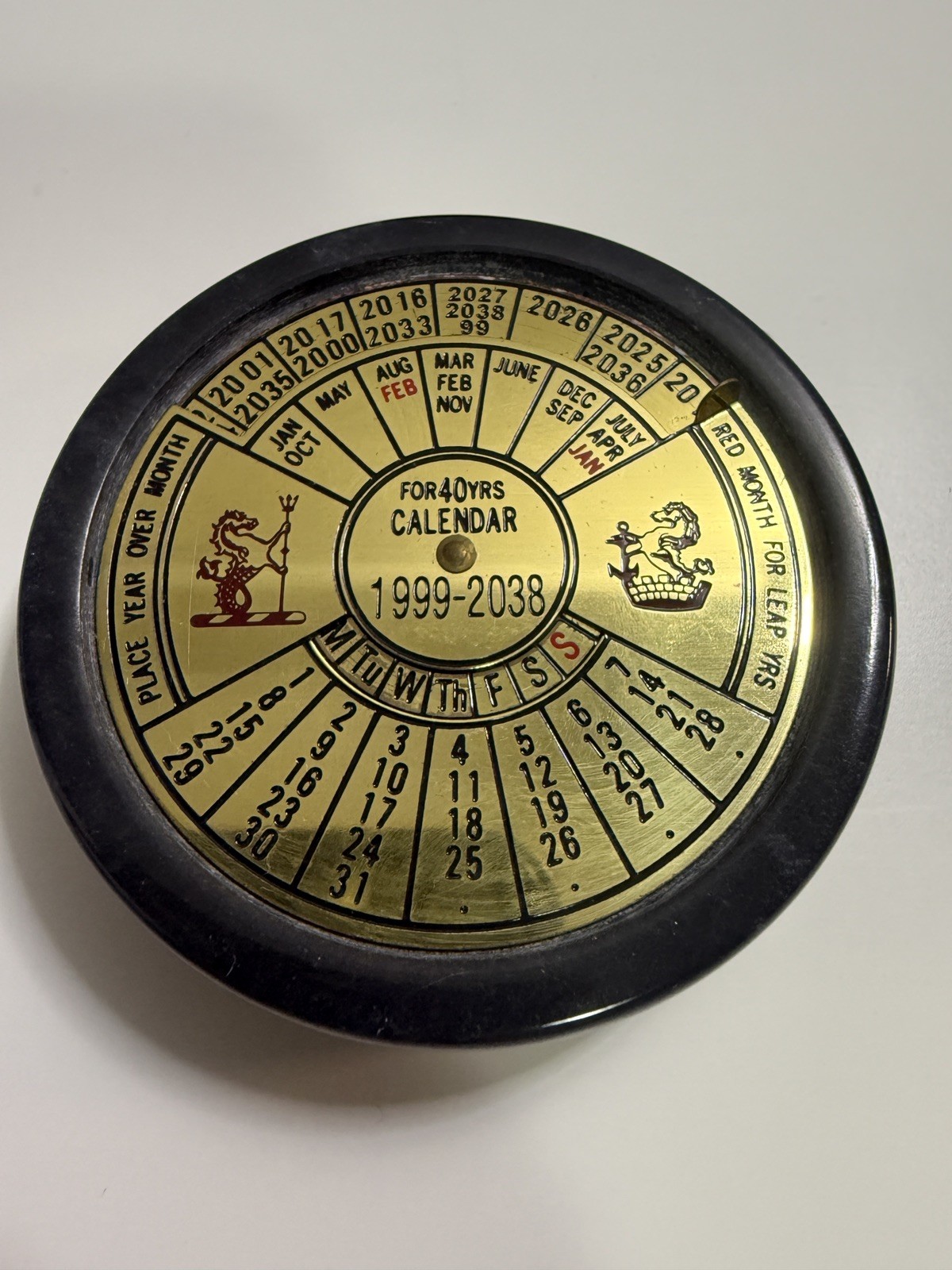 Vintage 40 Year Perpetual Desk Calendar 1999-2038 Brass Tone Wood Boxed Decor
