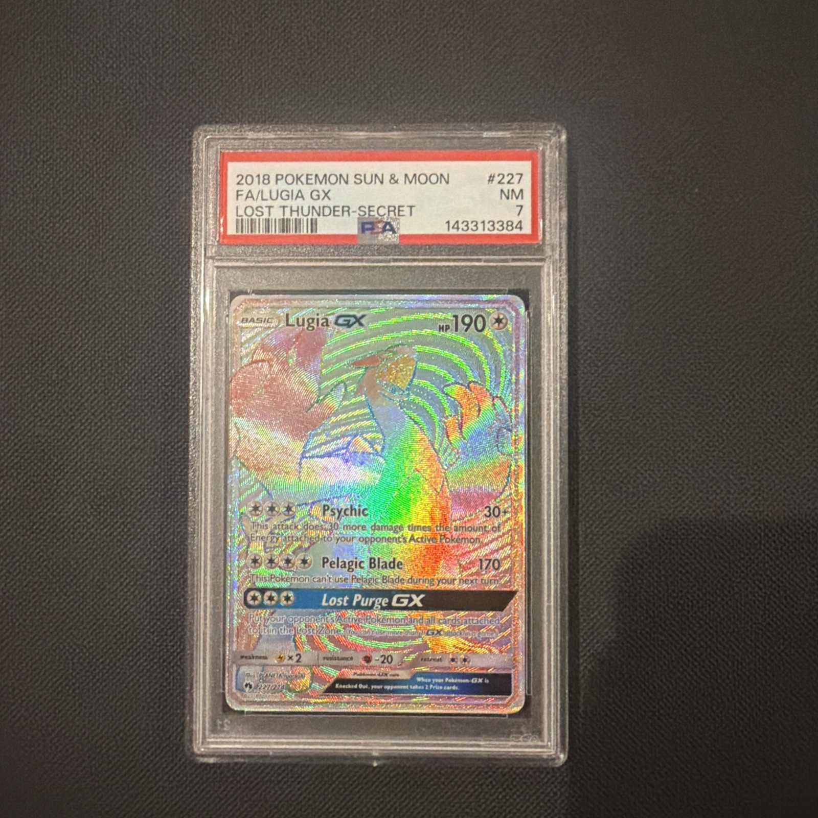 Pokemon Lugia GX TCG Rainbow Rare Card 227/214 Lost Thunder PSA 7