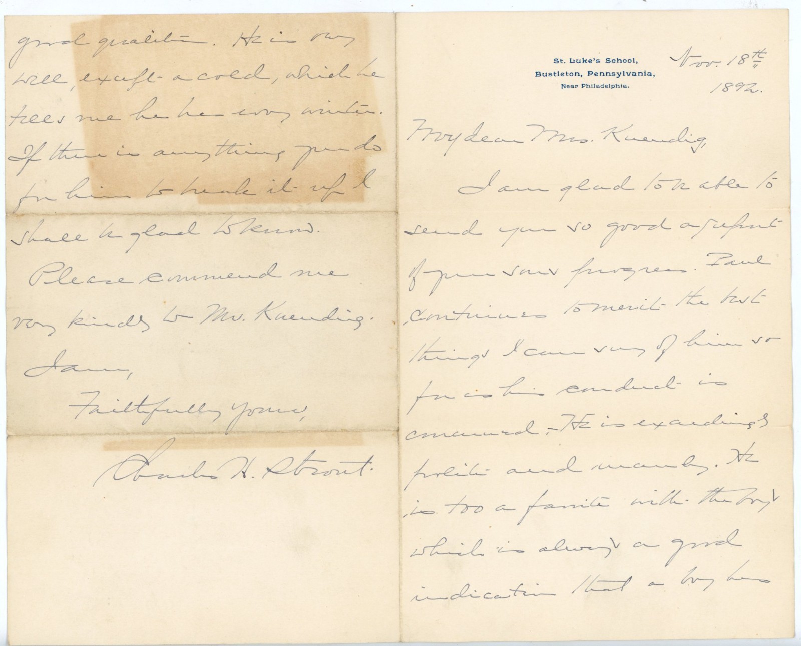 1892 St. Luke’s School Bustleton PA Handwritten Letter – Student Progress Report