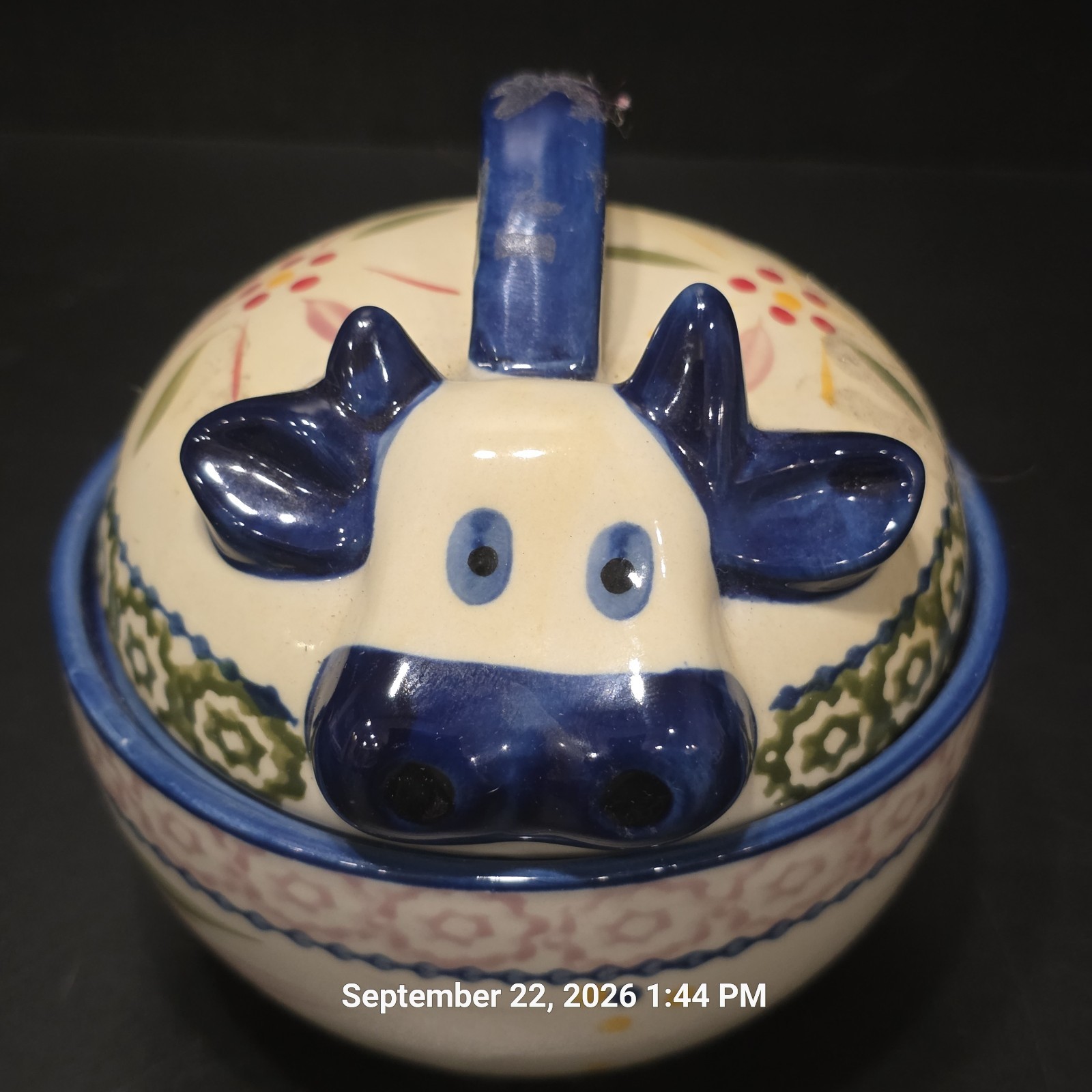 Temptations by Tara - Cow Mug / Bowl & Lid - Old World Blue - Cowbell Inside Cup