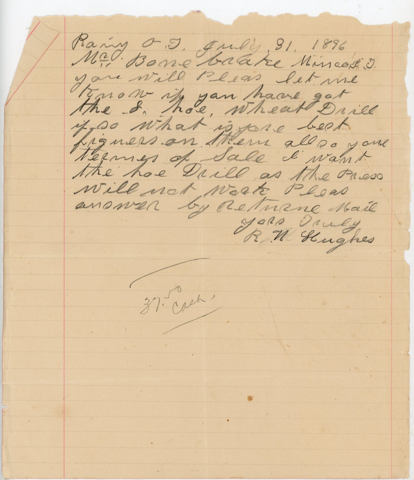 1896 Oklahoma Territory Manuscript Letter Rainy OT Farm Equipment Wheat Drill 1896 Oklahoma Territory Manuscript Letter Rainy OT Farm Equipment Wheat Drill