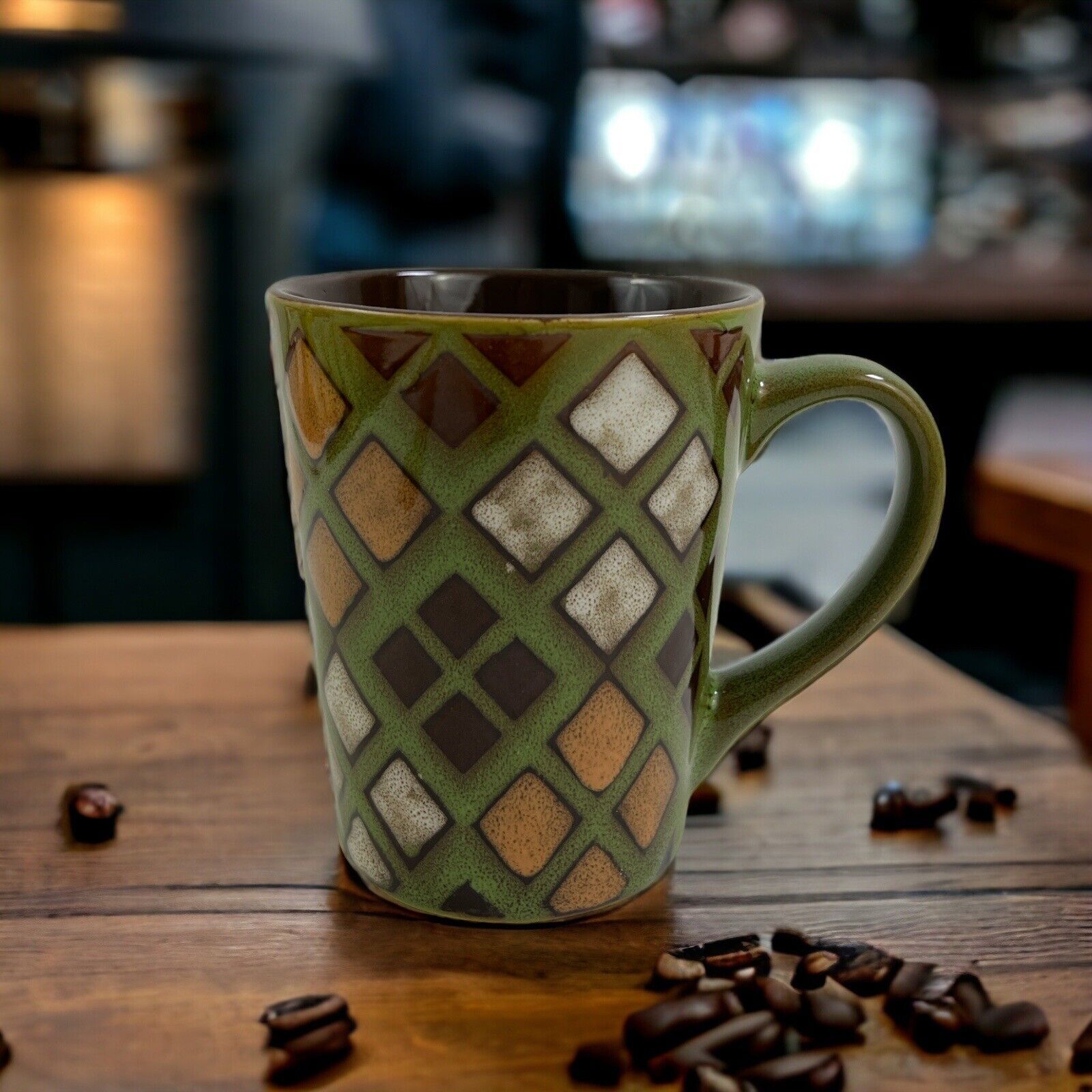 Tuscan Style Ceramic Coffee Mug Green Geometric Pattern Country Kitchen