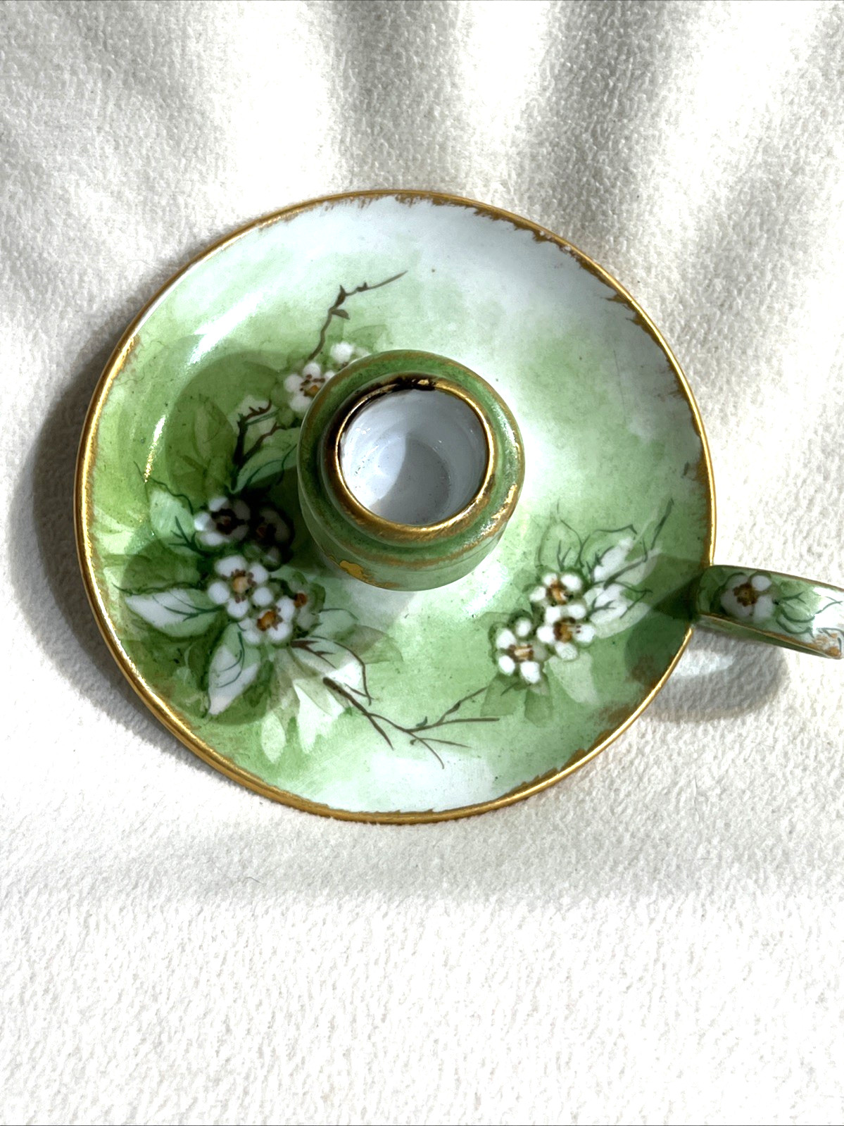Vtg HC FRANCE Porcelain Chamberstick Candle Holder ~ Green w/Gold Trim &Blossoms