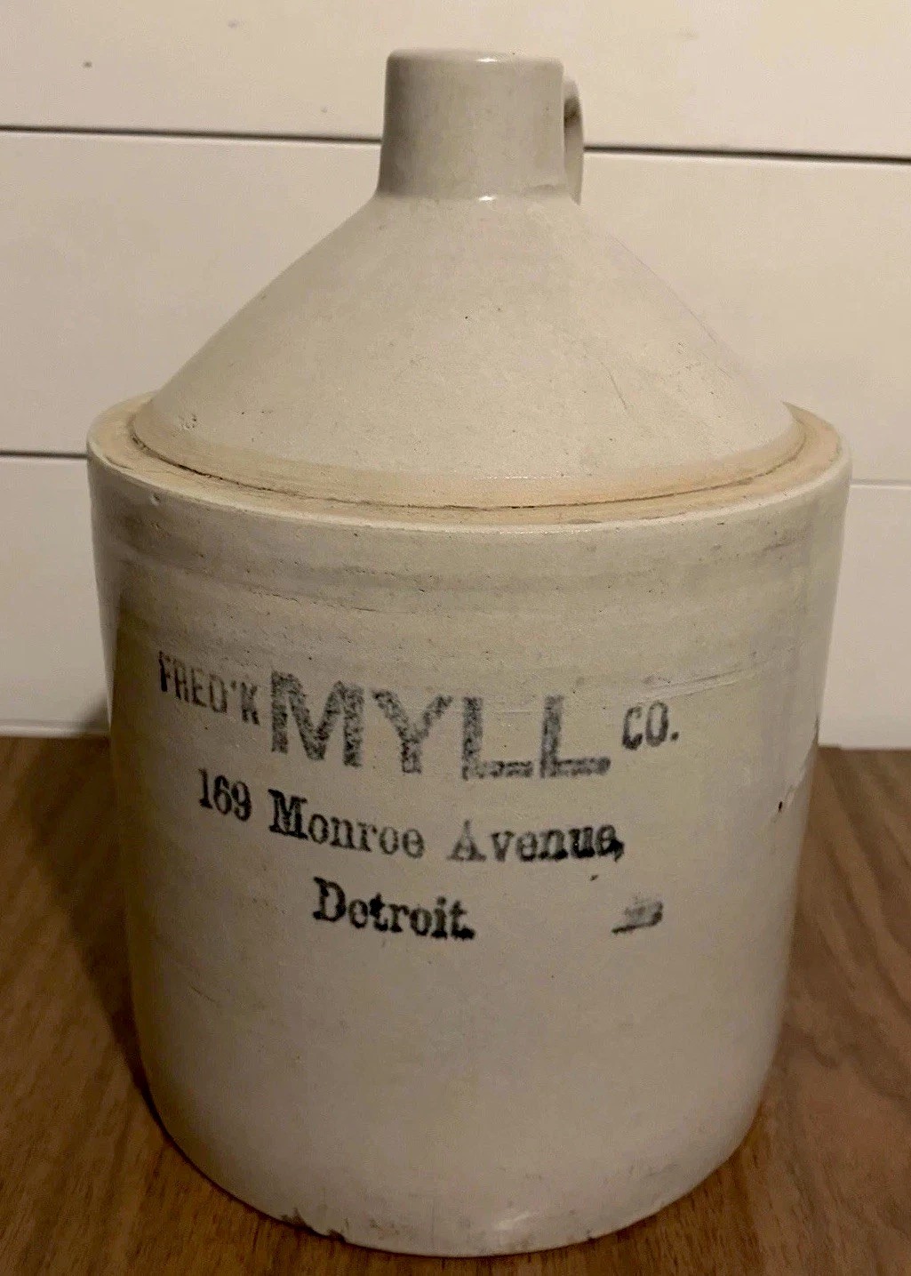 Detroit Stoneware Advertising Jug Fredk Myll Co 169 Monroe Ave Antique Crock