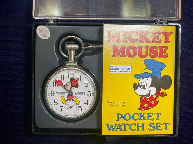 Vintage Bradley Mickey Mouse Pocket Watch - Train on Back - New in Box - Works