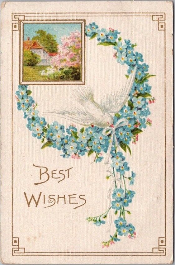Vintage 1910s HAPPY BIRTHDAY Embossed Postcard White Dove Forget-Me-Not Flowers