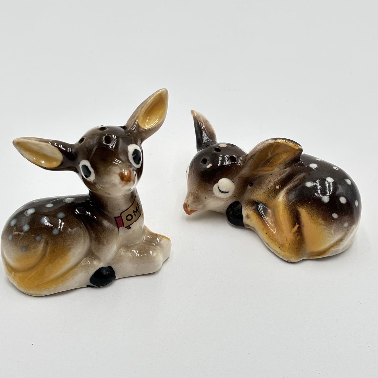 Vtg Kitschy Anthropomorphic Big Eyed Spotted Fawn Deer Salt Pepper Shakers Japan