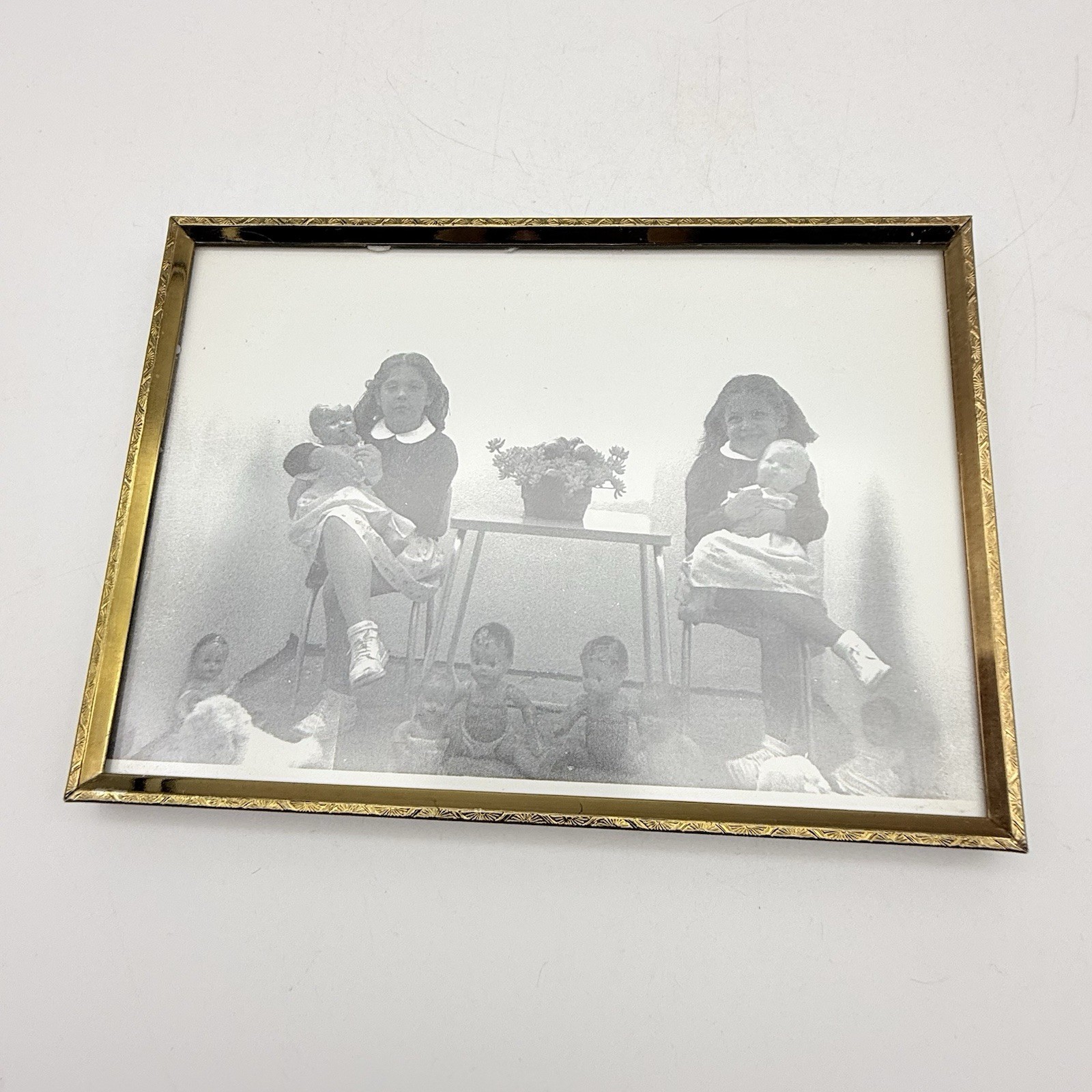 MCM embossed Gold Metal Photo Frame 4” X 7” With Vintage Photo Girls With Dolls