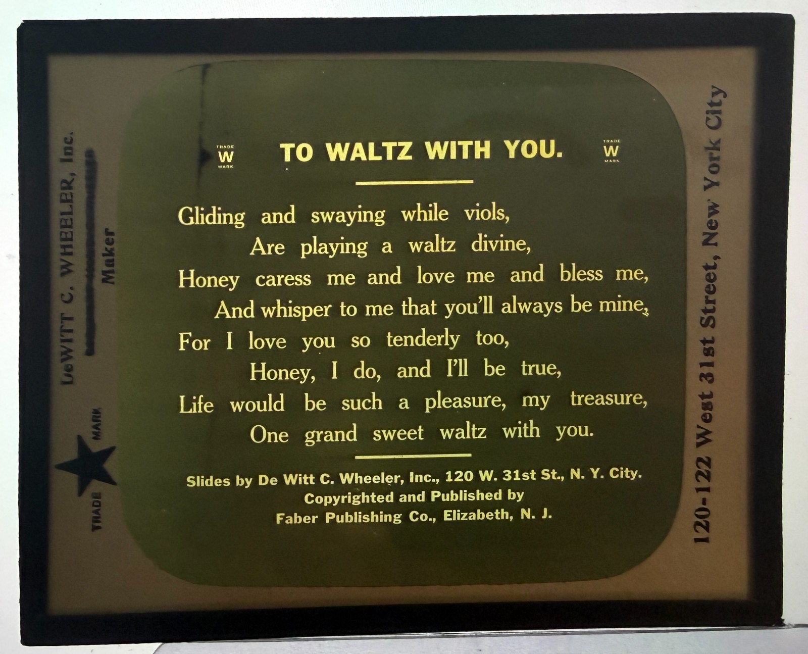 Color 1920's Magic Lantern Glass Slide TO WALTZ WITH YOU   DeWitt C Wheeler NYC