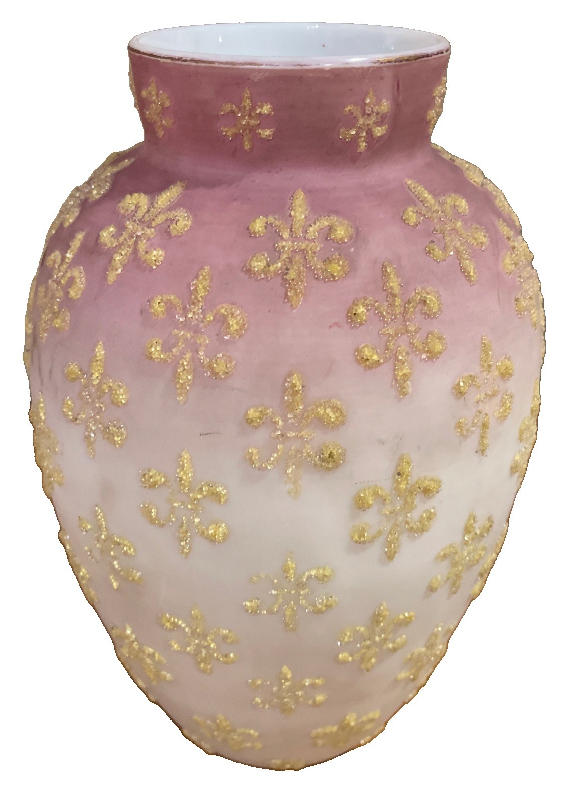 Antique Coralene Art Glass 8” Vase Pink Yellow Fleur-de-lis Motif 19th Century
