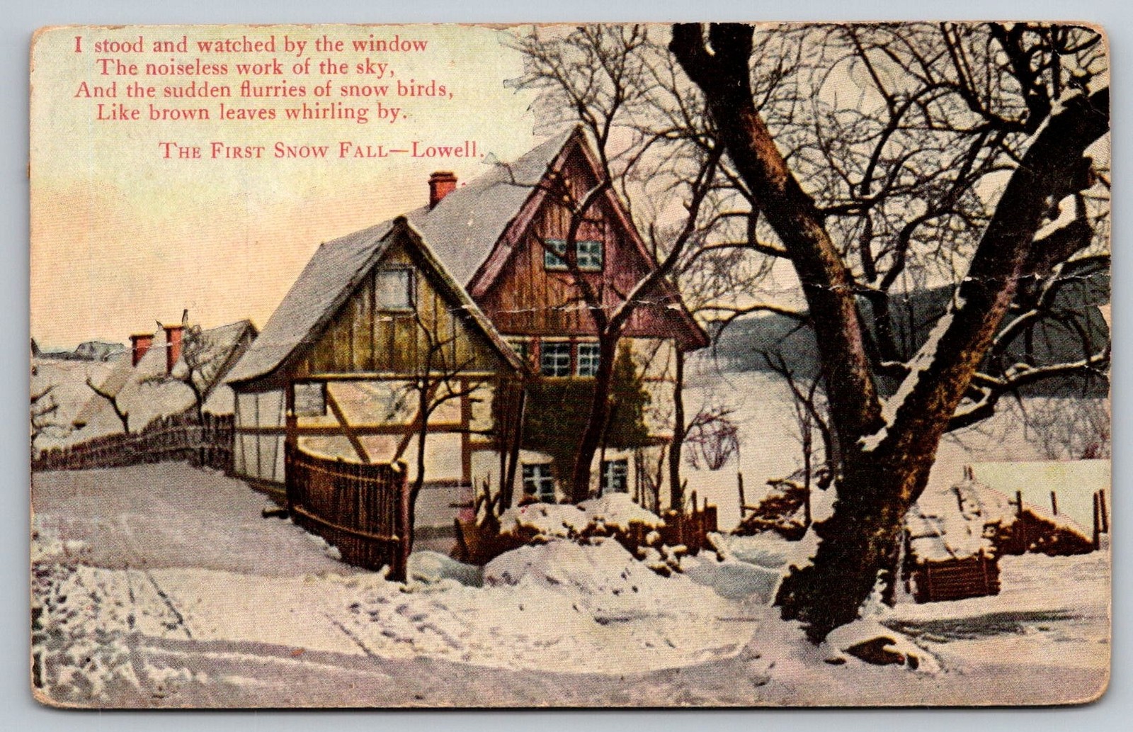 James Russell Lowell Poem Postcard First Snow Fall winter scene 1909