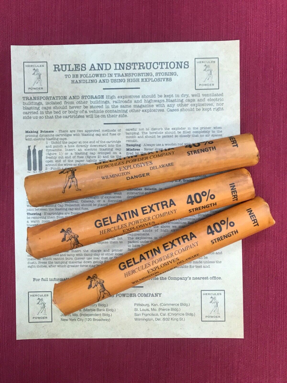 inert Hercules dynamite sticks, set of 3 w/instructions, replica, mining display