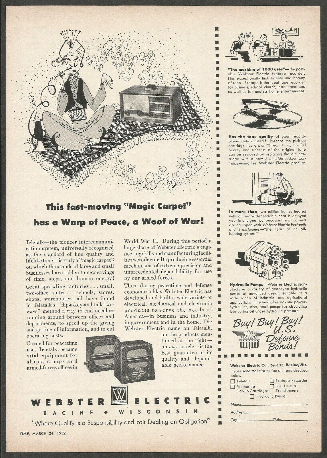 WEBSTER ELECTRIC ''TELETALK'' Intercommunication System-1952 Vintage Print Ad