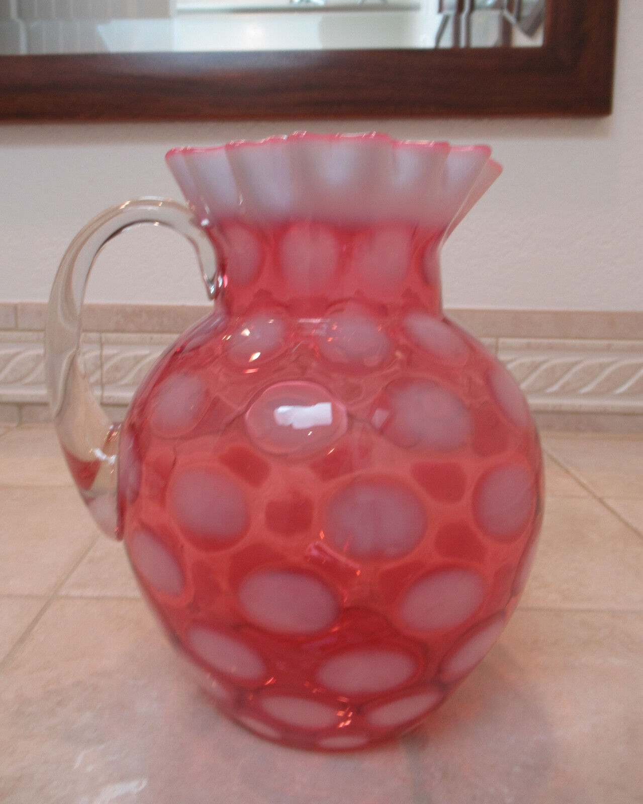 Vintage Fenton Cranberry Coin Dot Large Glass Water Pitcher Ruffled Edge 1940\'s